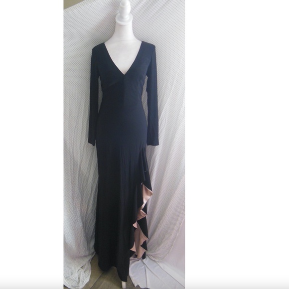 NEW XSCAPE Black Jersey LONG-SLEEVE Draped RUFFLE Contrast-Slit EVENING GOWN - Picture 3 of 10